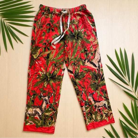 LILKA Anthropologie Doting Deer Red Green Jungle Lounge Pants - Size S - Picture 1 of 15